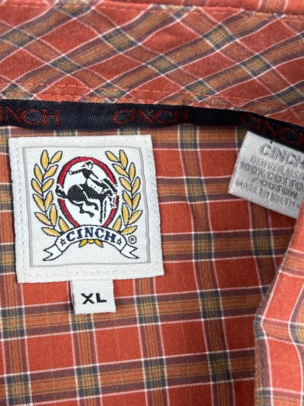 Cinch Button Up Shirt Mens XL Orange Plaid Western Long Sleeve Cotton Casual